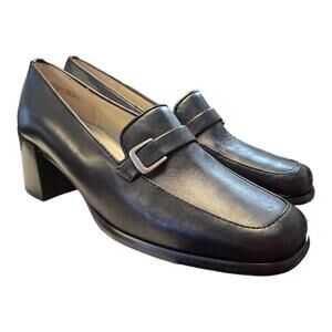 Jones New York Black Leather Block Heel Loafers with Buckle Accent